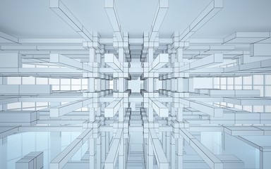 Abstract white interior highlights future. Polygon drawing. Architectural background. 3D illustration and rendering