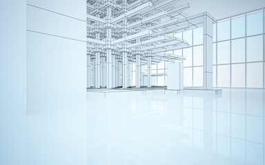 Abstract white interior highlights future. Polygon drawing. Architectural background. 3D illustration and rendering