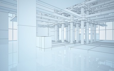 Abstract white interior highlights future. Polygon drawing. Architectural background. 3D illustration and rendering