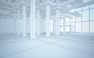 Abstract white interior highlights future. Polygon drawing. Architectural background. 3D illustration and rendering