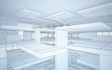 Abstract white interior highlights future. Polygon drawing. Architectural background. 3D illustration and rendering
