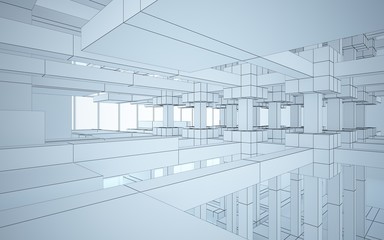 Abstract white interior highlights future. Polygon drawing. Architectural background. 3D illustration and rendering