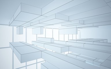 Abstract white interior highlights future. Polygon drawing. Architectural background. 3D illustration and rendering