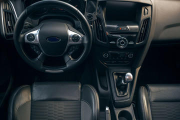 Modern car interior and dashboard and manual gearbox