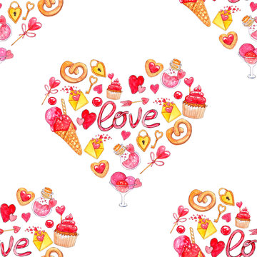 Watercolor Valentine's day Seamless pattern