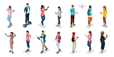 Trendy Isometric people and gadgets, teenagers, young people, students, using hi tech technology, mobile phones, pad, laptops, make selfie, smart watches, virtual games, navigators isolated