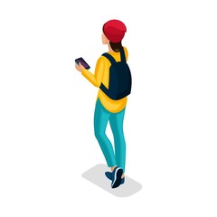 Trendy Isometric people and gadgets, a teenager, a young girl, student, uses hi tech technology, mobile phone, laptop, backpack isolated