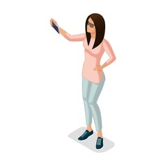 Trendy Isometric people and gadgets, a teenager, a young girl, a stylish, student, uses hi tech technology, phone, take photos, selfie isolated