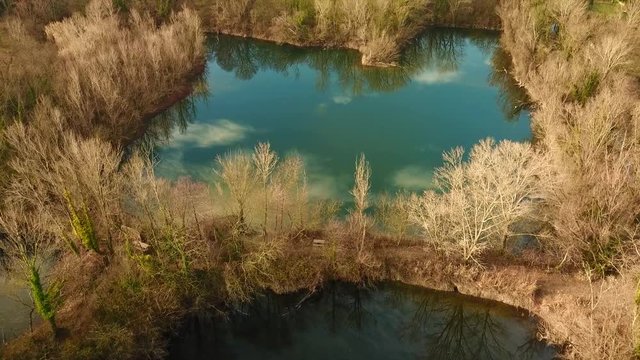 aerial shot from the drone,ponds in the green. Laghetti delle Noghere , Muggia Italy 