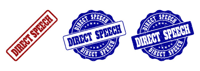 DIRECT SPEECH grunge stamp seals in red and blue colors. Vector DIRECT SPEECH marks with grunge texture. Graphic elements are rounded rectangles, rosettes, circles and text captions.