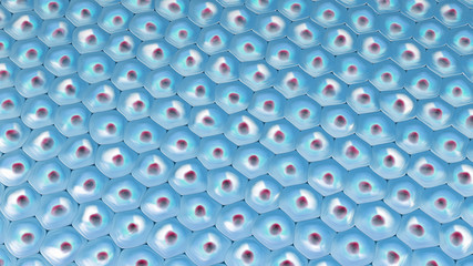 3d illustration of a top view on blue cell pattern with yellow cell nucleus