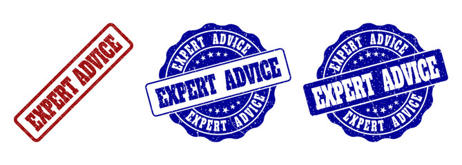 EXPERT ADVICE scratched stamp seals in red and blue colors. Vector EXPERT ADVICE labels with distress style. Graphic elements are rounded rectangles, rosettes, circles and text labels.