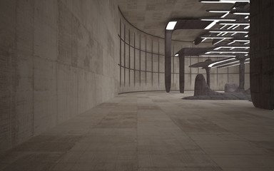 Empty dark abstract brown concrete room smooth interior. Architectural background. Night view of the illuminated. 3D illustration and rendering