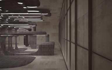 Empty dark abstract brown concrete room smooth interior. Architectural background. Night view of the illuminated. 3D illustration and rendering