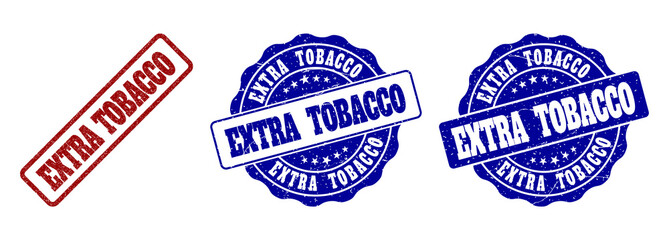 EXTRA TOBACCO grunge stamp seals in red and blue colors. Vector EXTRA TOBACCO marks with grunge style. Graphic elements are rounded rectangles, rosettes, circles and text captions.