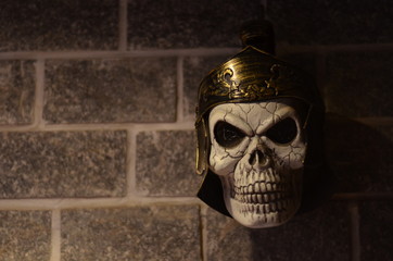 Skull of a Roman soldier with centurion helmet pinned to the wall