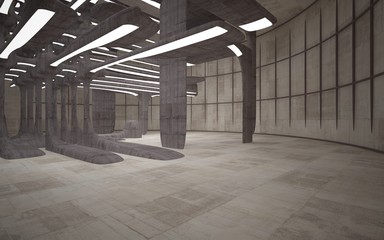 Empty dark abstract brown concrete room smooth interior. Architectural background. Night view of the illuminated. 3D illustration and rendering