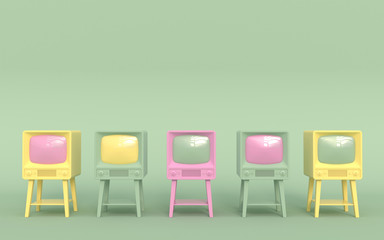 Old retro tv in pastel colors on a light green background standing in a row. Cartoon style. 3D illustration.