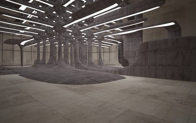 Empty dark abstract brown concrete room smooth interior. Architectural background. Night view of the illuminated. 3D illustration and rendering