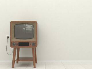 Old retro TV in the interior of a living room on a background of a white plastered wall. Copy space. 3D illustration.