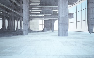 Empty dark abstract brown concrete room smooth interior. Architectural background. Night view of the illuminated. 3D illustration and rendering