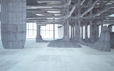 Empty dark abstract brown concrete room smooth interior. Architectural background. Night view of the illuminated. 3D illustration and rendering