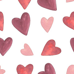 Seamless pattern. Valentines Day. Delicate Love. Hand drawn water color hearts on the flat white background