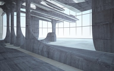 Empty dark abstract brown concrete room smooth interior. Architectural background. Night view of the illuminated. 3D illustration and rendering