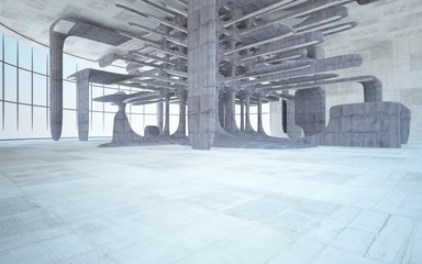 Empty dark abstract brown concrete room smooth interior. Architectural background. Night view of the illuminated. 3D illustration and rendering