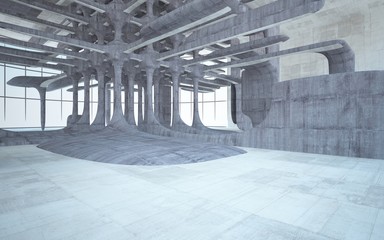 Empty dark abstract brown concrete room smooth interior. Architectural background. Night view of the illuminated. 3D illustration and rendering