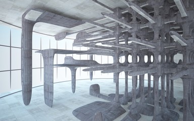 Fototapeta premium Empty dark abstract brown concrete room smooth interior. Architectural background. Night view of the illuminated. 3D illustration and rendering