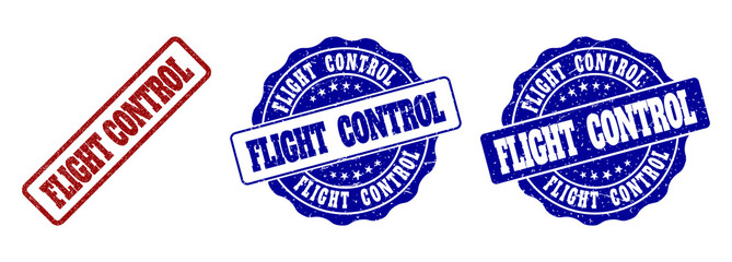FLIGHT CONTROL grunge stamp seals in red and blue colors. Vector FLIGHT CONTROL overlays with grunge effect. Graphic elements are rounded rectangles, rosettes, circles and text labels.