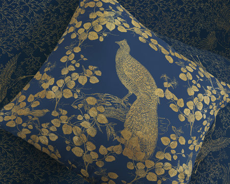 Faisan feuillage dor&eacute; bleu - Coussin
