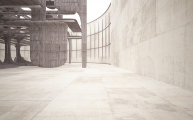 Empty dark abstract brown concrete room smooth interior. Architectural background. Night view of the illuminated. 3D illustration and rendering