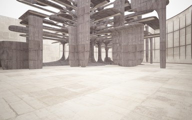 Empty dark abstract brown concrete room smooth interior. Architectural background. Night view of the illuminated. 3D illustration and rendering