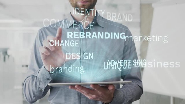 rebranding, business, marketing, branding, advertising word cloud made as hologram used on tablet by bearded man, also used animated brand identity change design word as background in uhd 4k 3840 2160