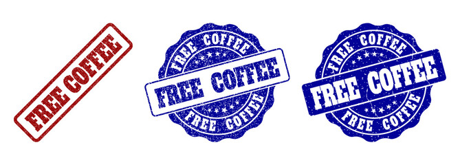 FREE COFFEE grunge stamp seals in red and blue colors. Vector FREE COFFEE labels with dirty effect. Graphic elements are rounded rectangles, rosettes, circles and text labels.