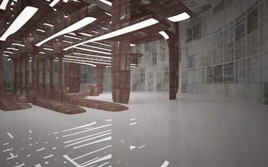 Empty smooth abstract room interior of sheets rusted metal. Architectural background. Night view of the illuminated. 3D illustration and rendering