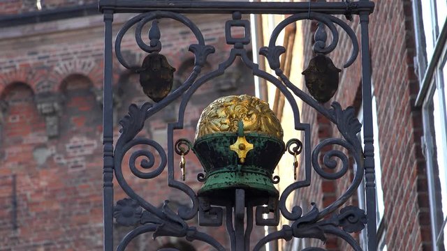 Vintage emblem on the wall of an old house. Copenhagen. Denmark. 4K.