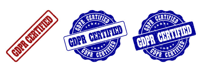 GDPR CERTIFIED scratched stamp seals in red and blue colors. Vector GDPR CERTIFIED labels with draft texture. Graphic elements are rounded rectangles, rosettes, circles and text labels.