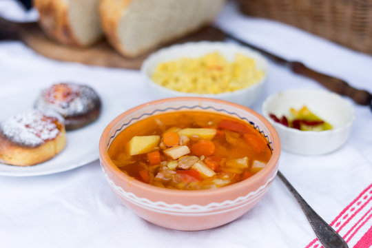 hungarian traditional food, goulash soup with fresh bread