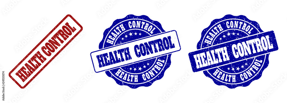 Poster health control scratched stamp seals in red and blue colors. vector health control labels with draft