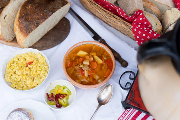 hungarian traditional food, goulash soup with fresh bread