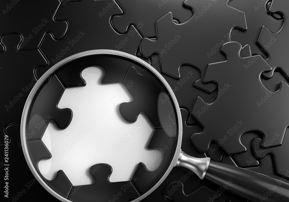 Poster search for something - graphic template. close-up composition of magnifying glass lying on jigsaw pu