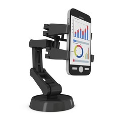 Robotic arm hold smartphone with big data. Manufacture technology industry assembly mechanic hand 3d render illustration isolated on white