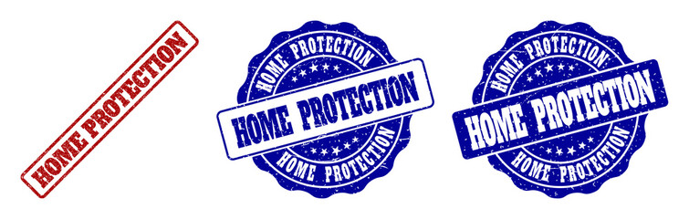 Obraz premium HOME PROTECTION grunge stamp seals in red and blue colors. Vector HOME PROTECTION marks with grunge surface. Graphic elements are rounded rectangles, rosettes, circles and text tags.