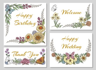 Botanic card with wild flowers, leaves. Collection ornaments for wedding, business invitation with spring floral, mariposa butterfly, vetor illustration