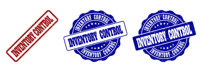 INVENTORY CONTROL grunge stamp seals in red and blue colors. Vector INVENTORY CONTROL overlays with dirty style. Graphic elements are rounded rectangles, rosettes, circles and text titles.