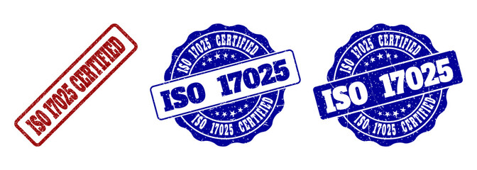 ISO 17025 CERTIFIED grunge stamp seals in red and blue colors. Vector ISO 17025 CERTIFIED signs with grainy style. Graphic elements are rounded rectangles, rosettes, circles and text labels.