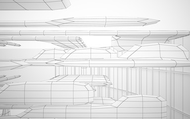 Abstract white interior highlights future. Polygon drawing . Architectural background. 3D illustration and rendering